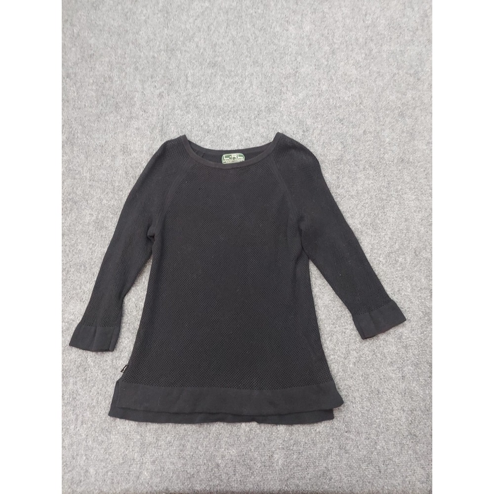 LRL Active Ralph Lauren Pullover Tunic Large Black Semi Sheer Perforated Sweater